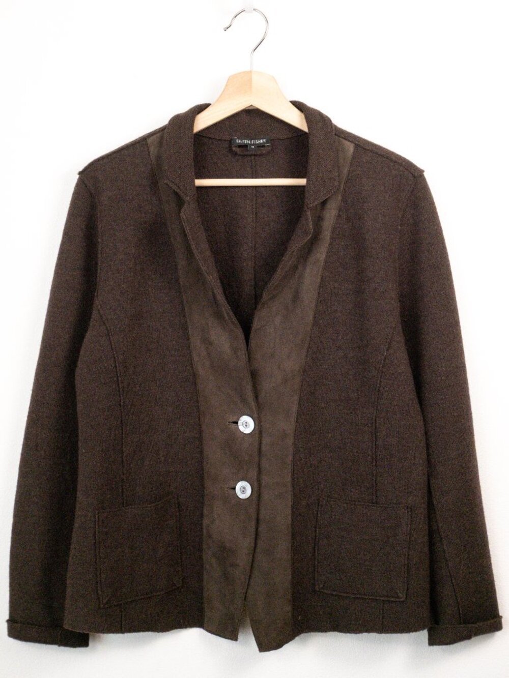 Eileen Fisher Brown Wool Knit Jacket Button Front Silk Trim Coat Size M